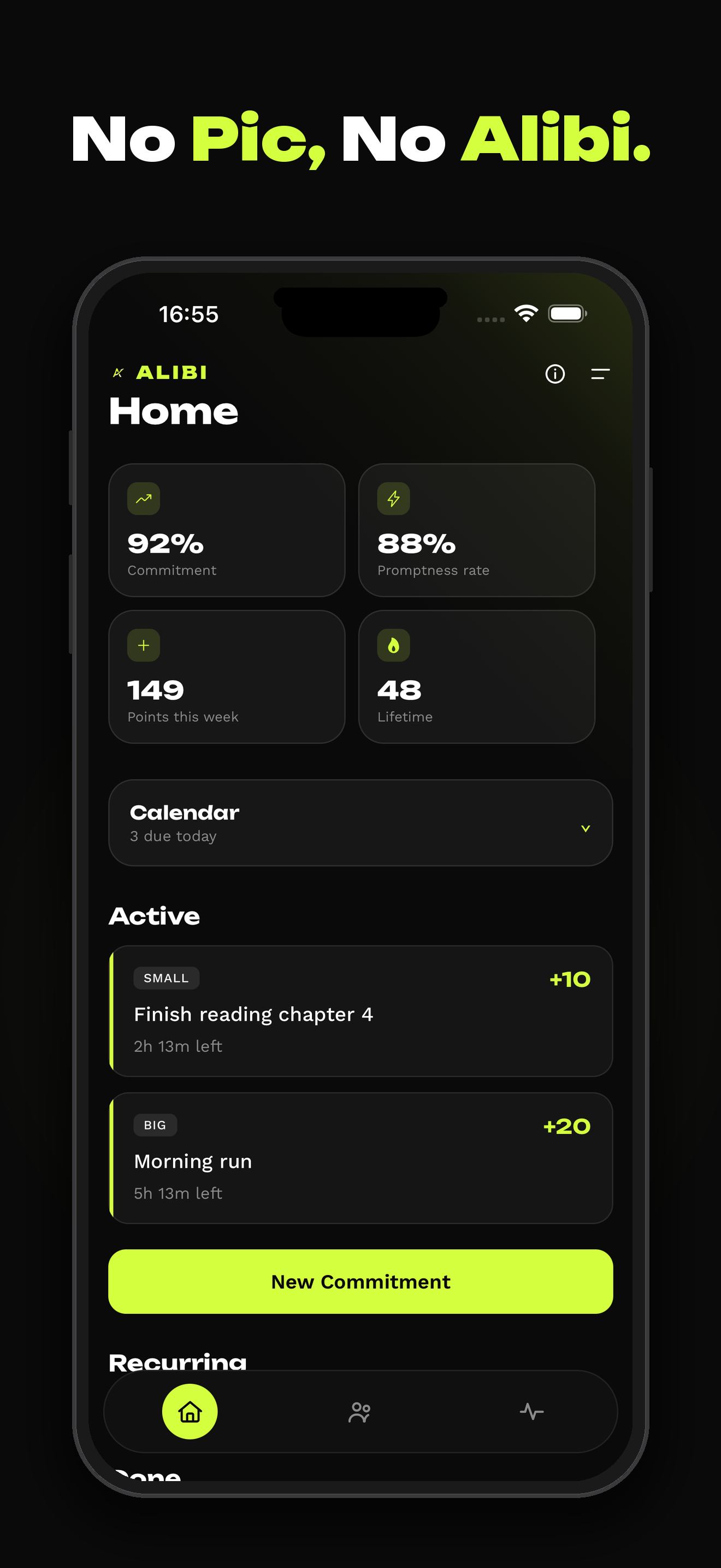 Alibi Home showing commitments, deadlines, and weekly progress