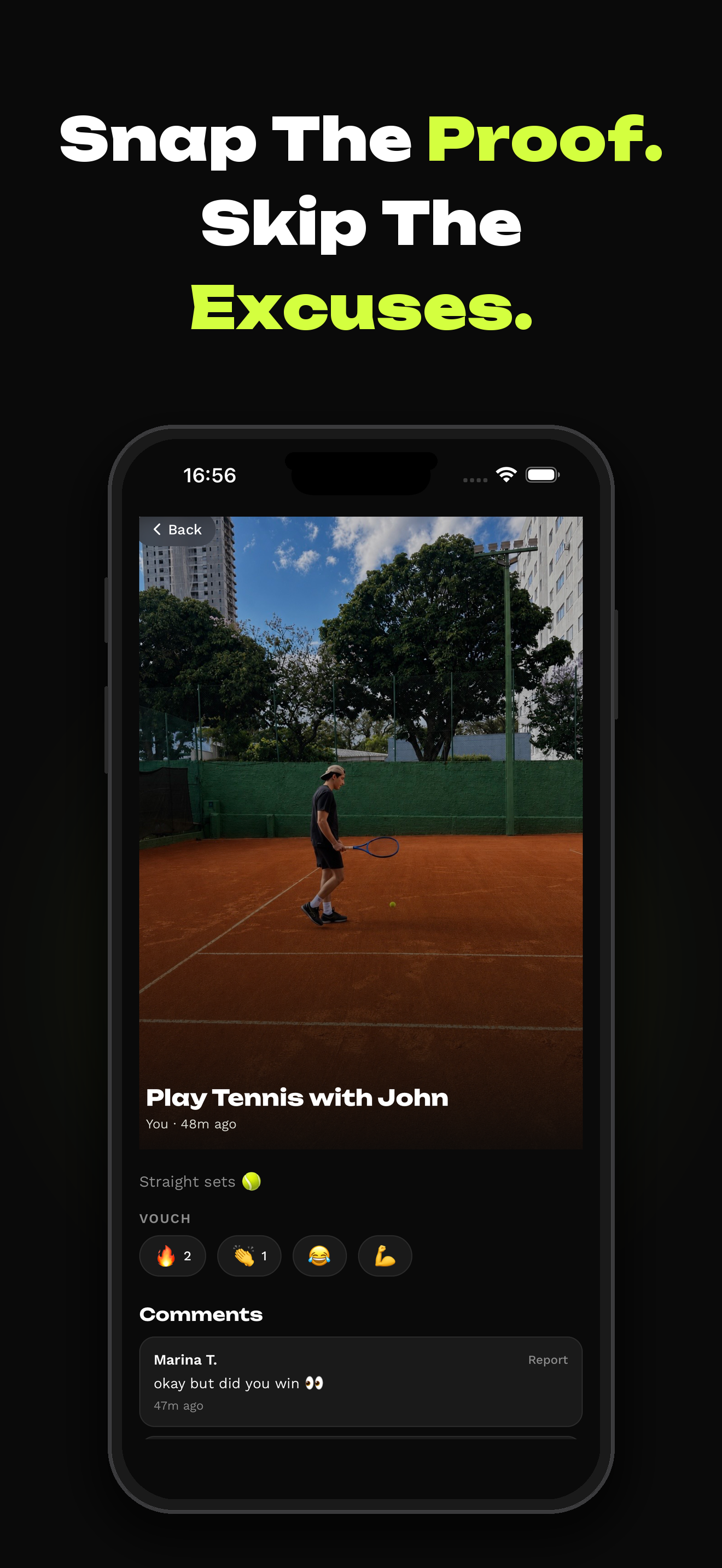 Photo proof of a completed tennis commitment, with reactions and comments